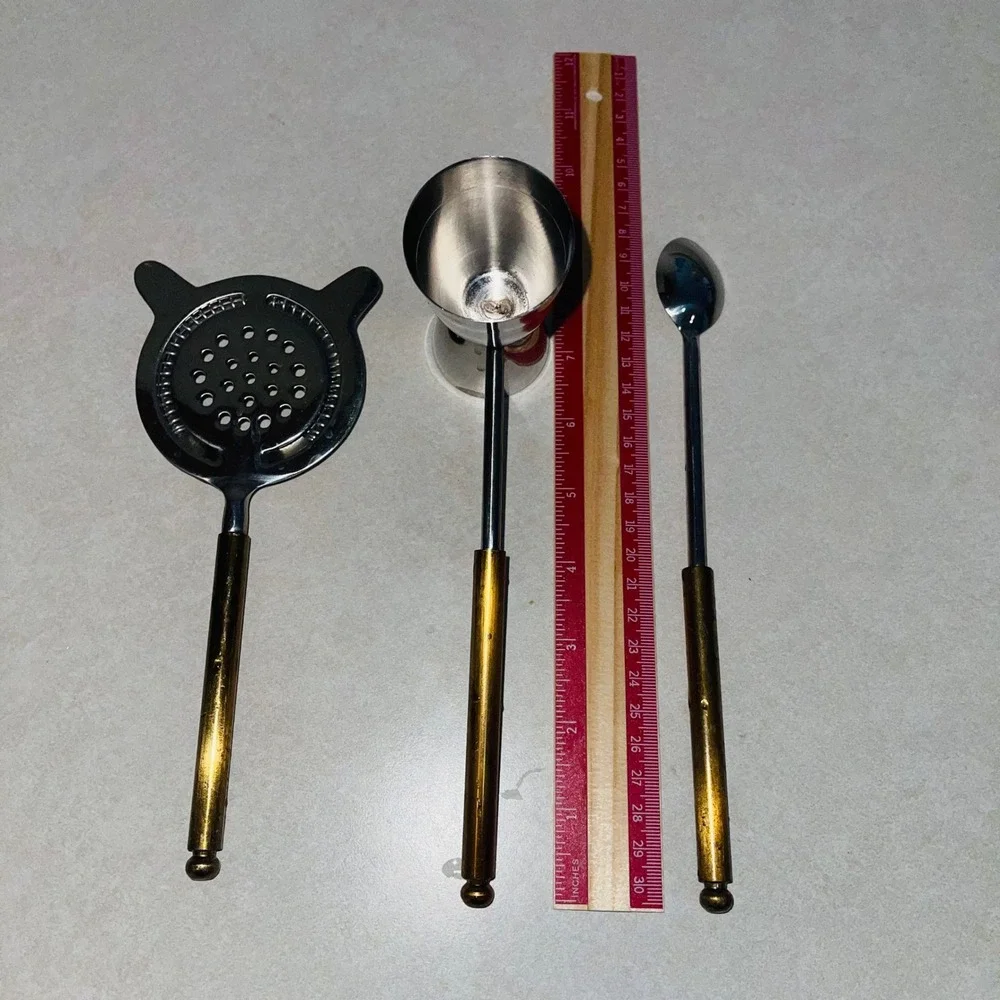 VTG Style Stainless Steel/Gold Brass Handle Bartender Bar Tool Set Jigger